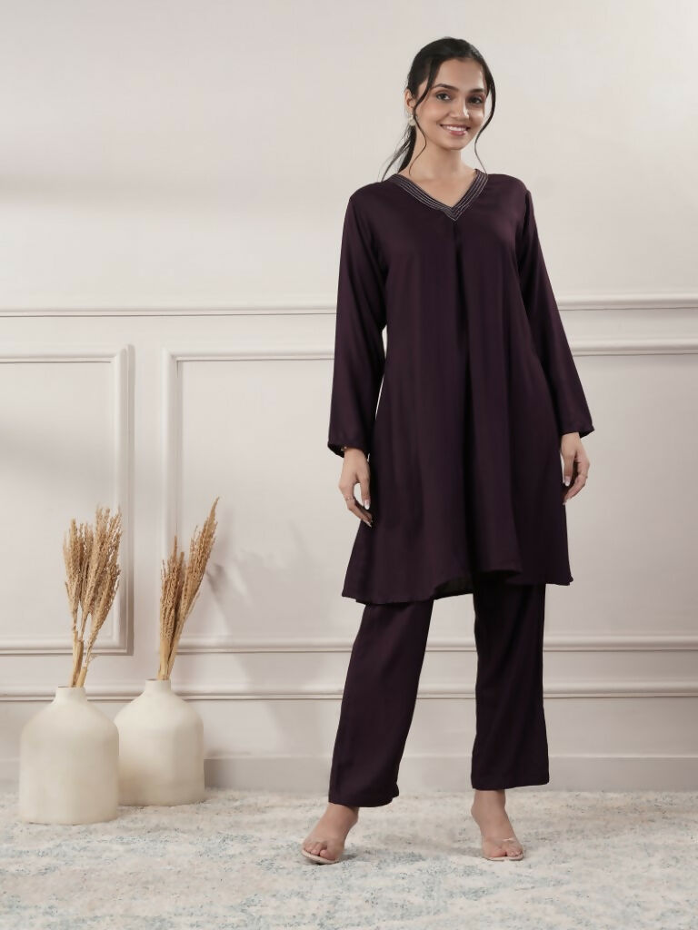 Joban Fashion Women's Rayon Wine V-Neck Co-Ord Set With Pant - Swadesiicart