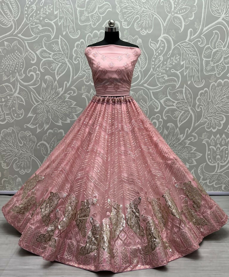 Jyoti Fashion Women's Pink Bridal Net Fancy Foil & Sequins with Multi Thread Embroidered Wedding Lehenga Choli | Swadesiicart