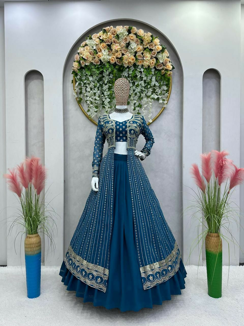 Jyoti Fashion Women's Teal Faux Georgette Sequins with Thread Embroidered Designer Lehenga Choli with Shrug Set | Swadesiicart