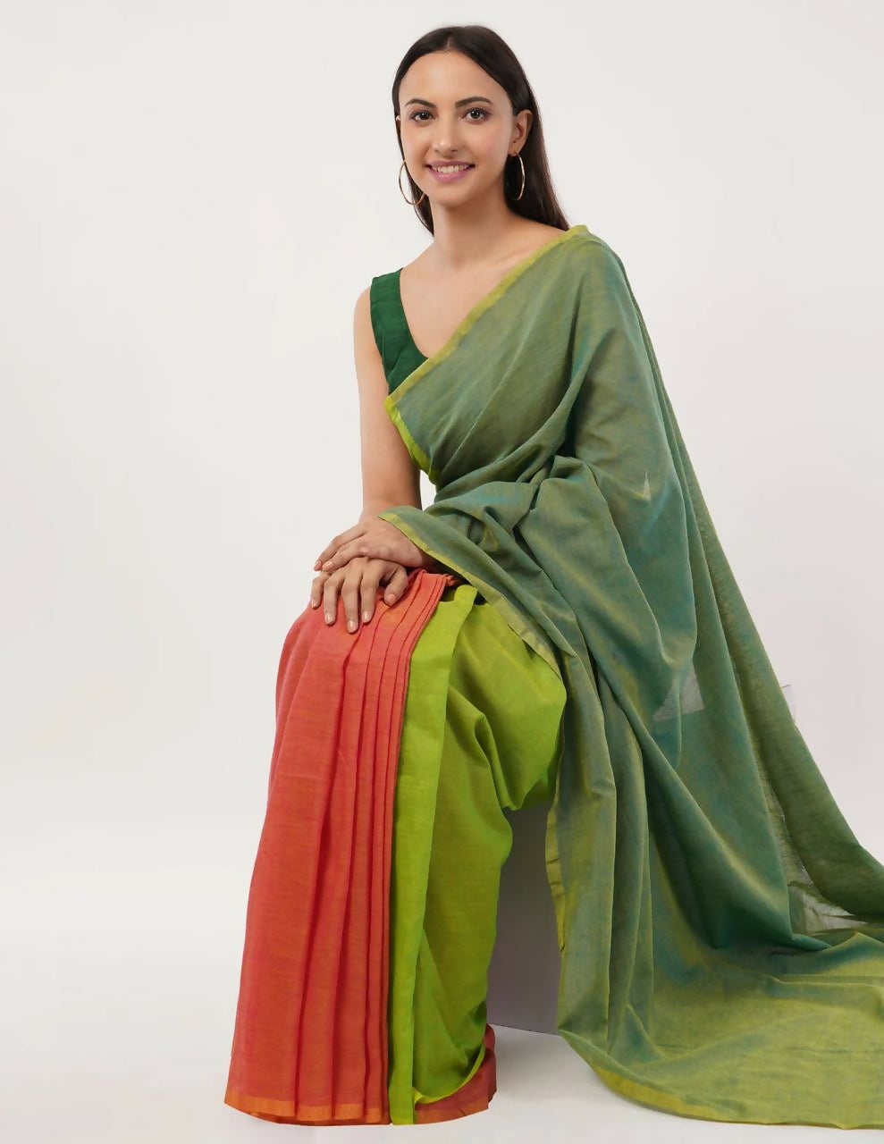 Exclusive Collection Beautiful Khadi Cotton Olive Green Orange Handloom Saree - Swadesiicart
