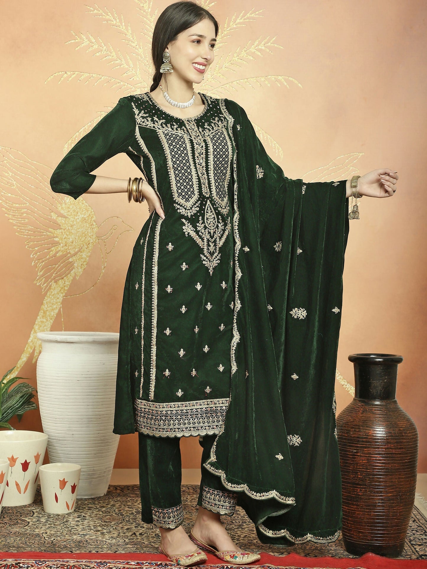 Jyoti Fashion Women's Green Velvet Cording with Resham Thread & Sequin Kurta with Trouser & Dupatta | Swadesiicart