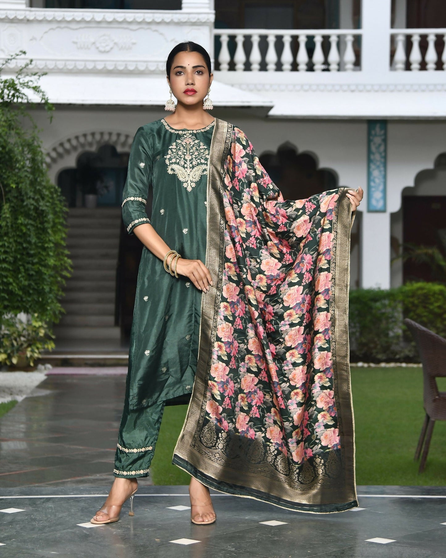 Vaasva Women's Silk Emboidered Solid Pant Set & Digital Printed Dupatta | Swadesiicart