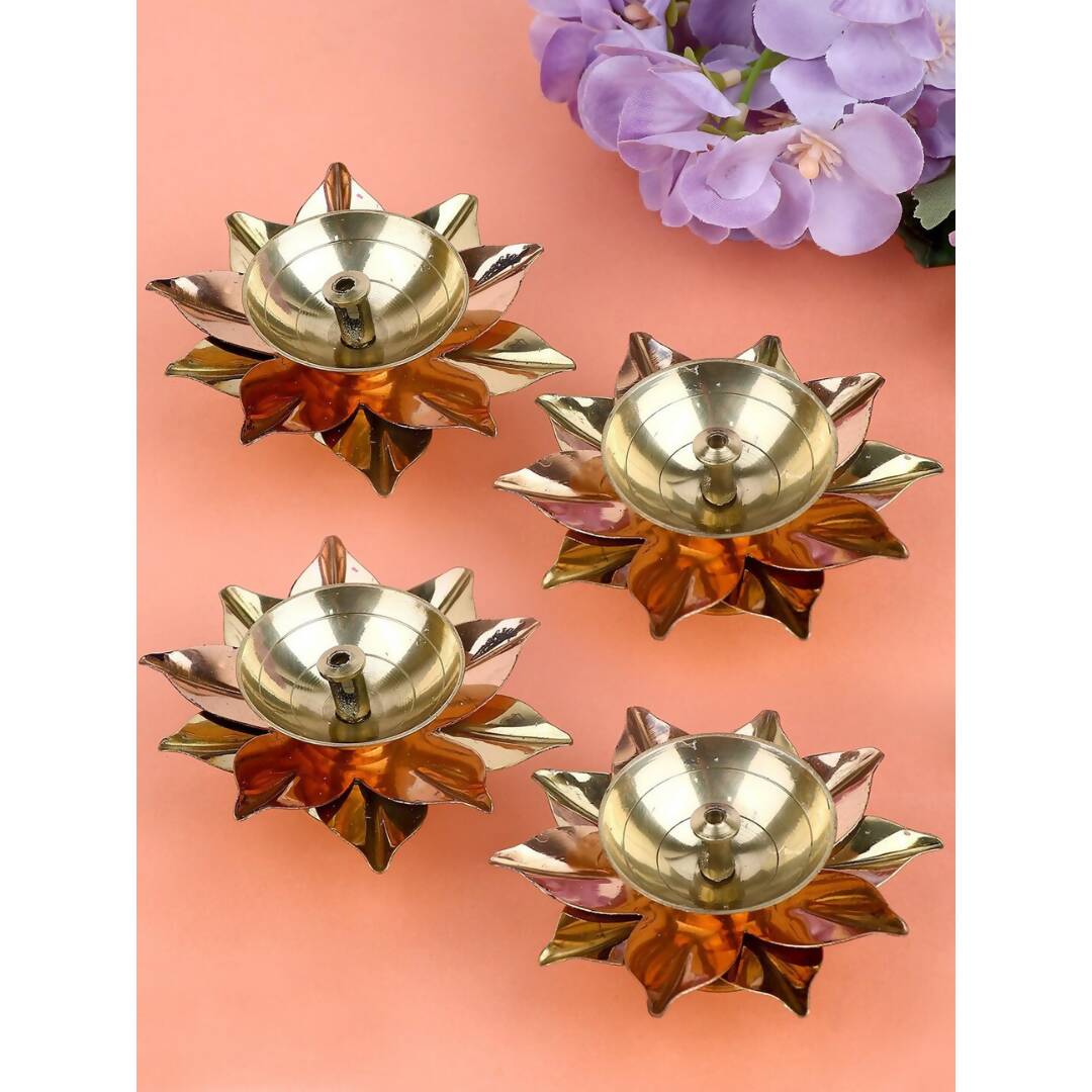 Tied Ribbons Gold-toned & Rose Gold-Toned 4 Pieces Antique Lotus Akhand Brass Diyas | Swadesiicart