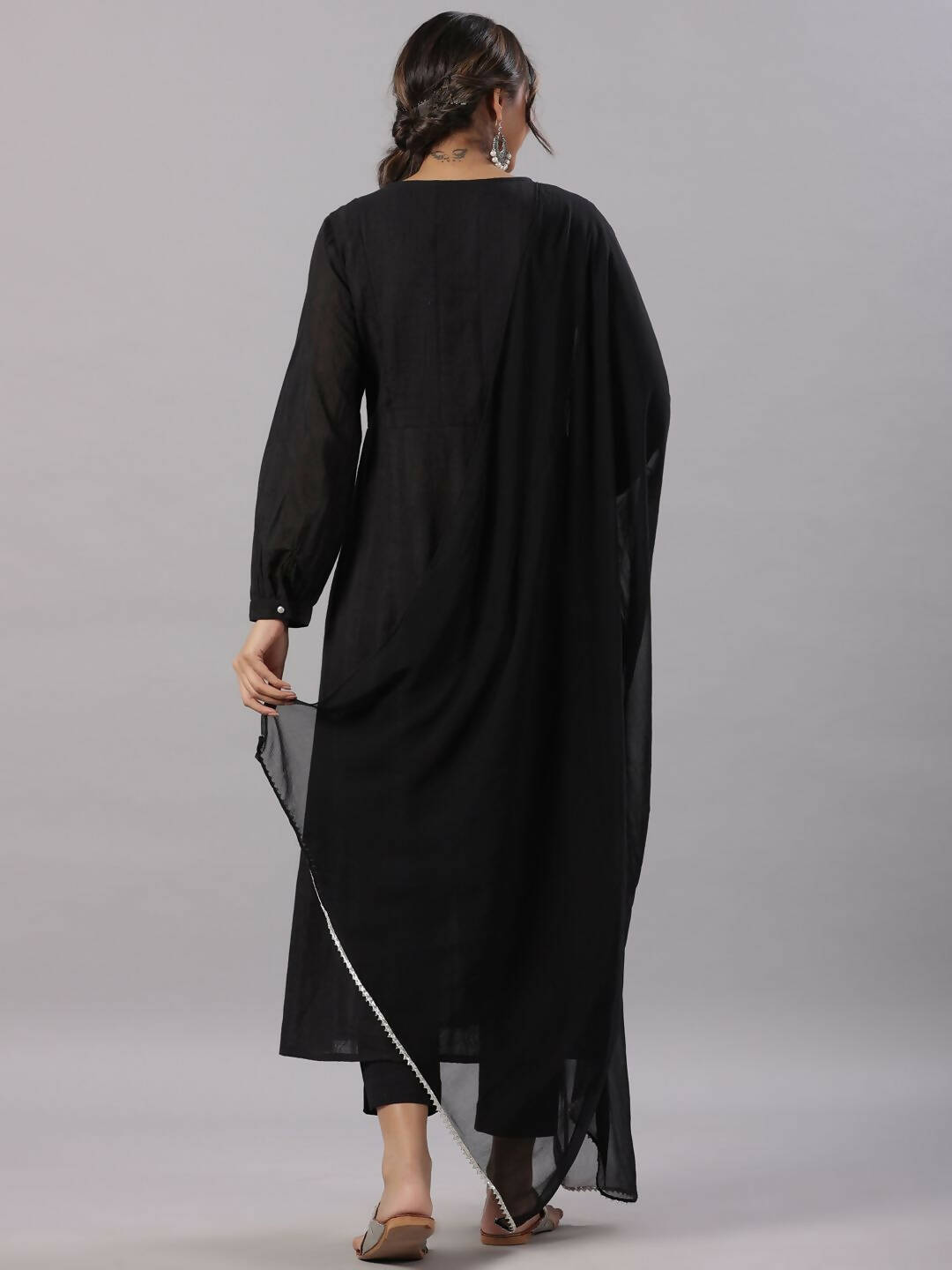 Juniper Women's Black Cotton Dobby Solid With Embroidery Flared Kurta Sets | Swadesiicart