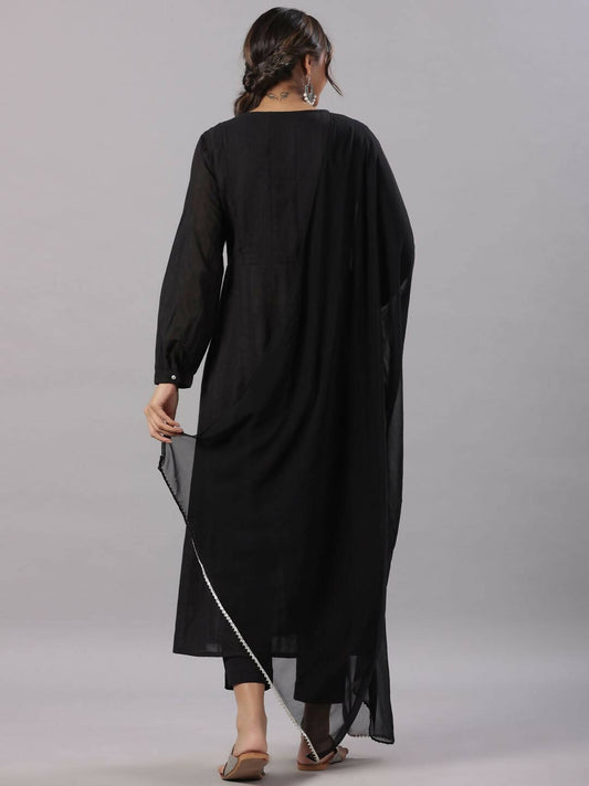 Juniper Women's Black Cotton Dobby Solid With Embroidery Flared Kurta Sets | Swadesiicart