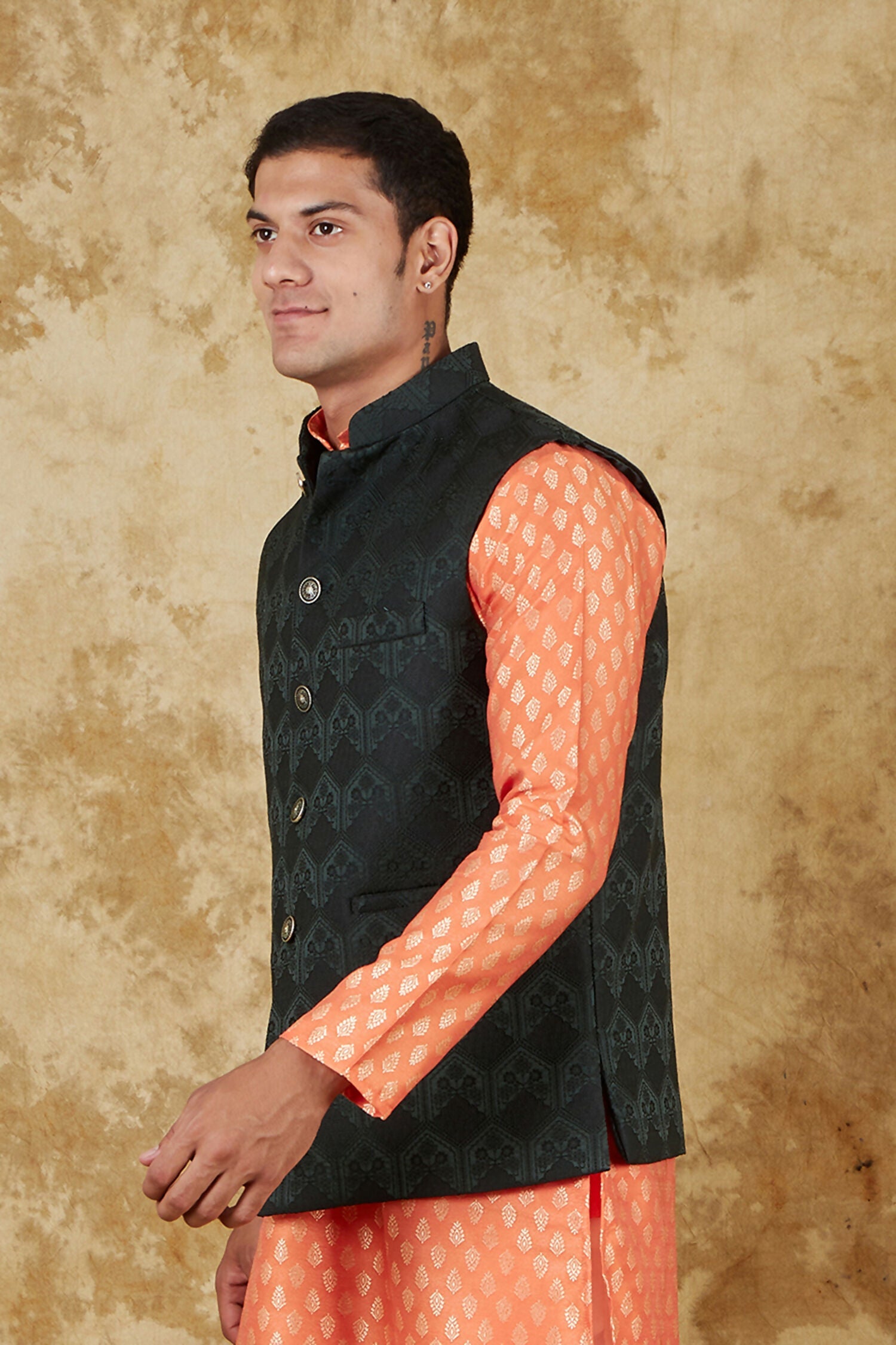 Bluesaanchi Men's Jacquard Orange Waistcoat | Swadesiicart
