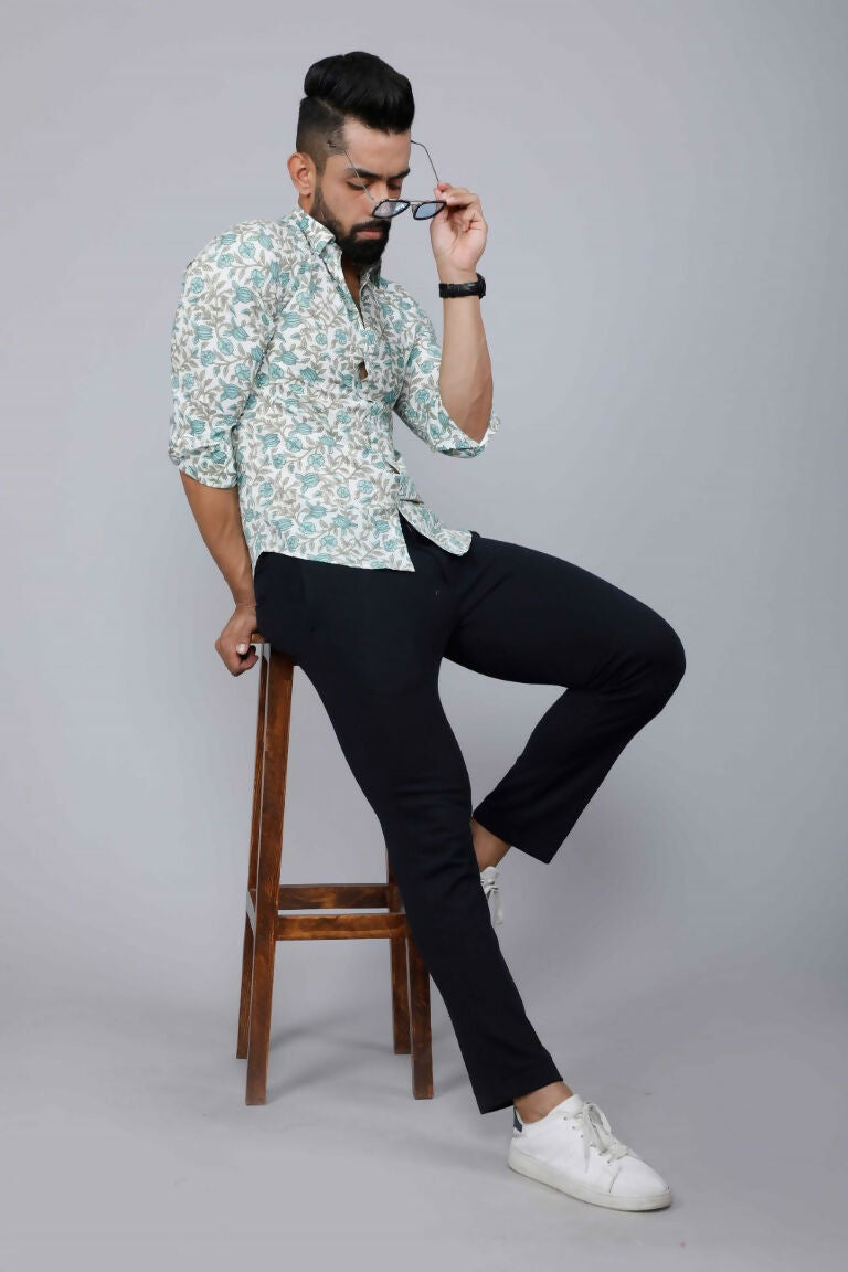 Miravan Men's Spread Collar White & Green Floral Print Slim Fit Shirt | Swadesiicart
