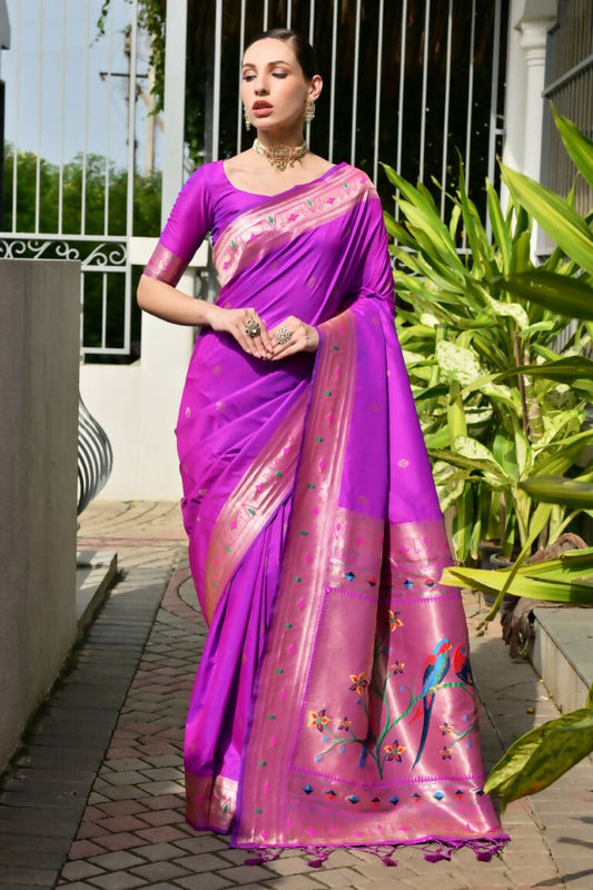 Vishnu Weaves Women's Purple Paithani Silk Zari Woven Saree with Blouse - Swadesiicart