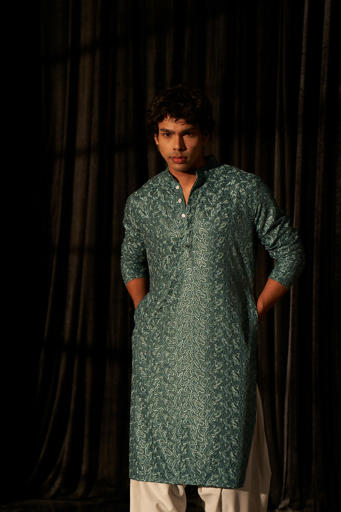 Cyan Blue Viscose Chikankari Embroidery Work Men's Kurta Set - Mahotsav | Swadesiicart