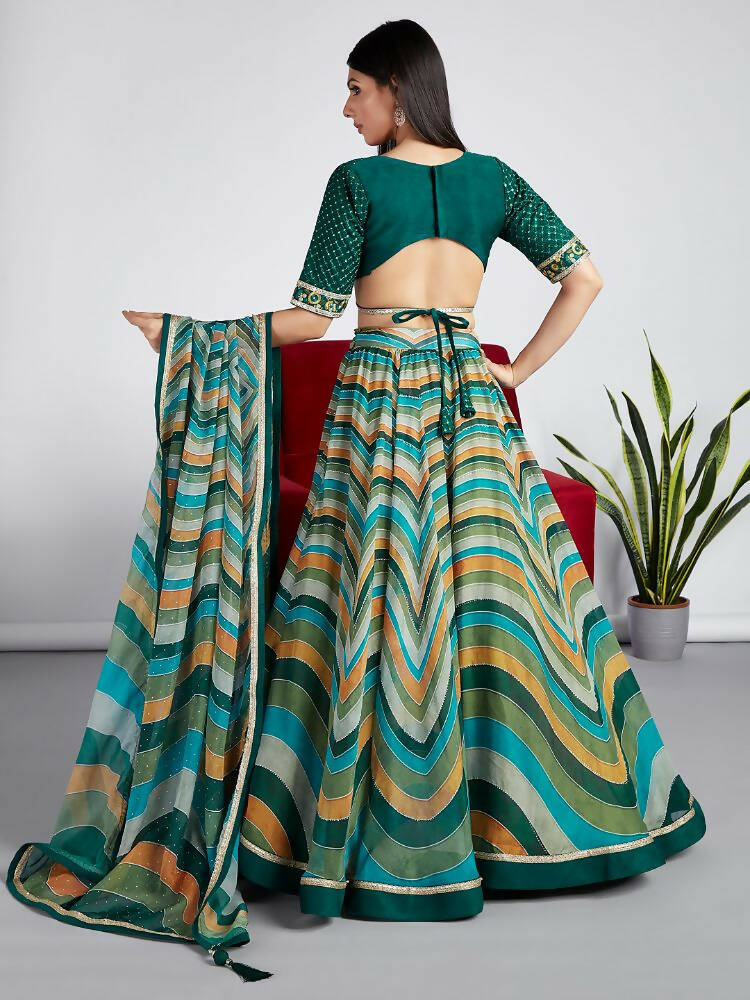 House of Panchhi Green Organza Siroski Stone Work Leheriya Print Lehenga Choli & Dupatta | Swadesiicart