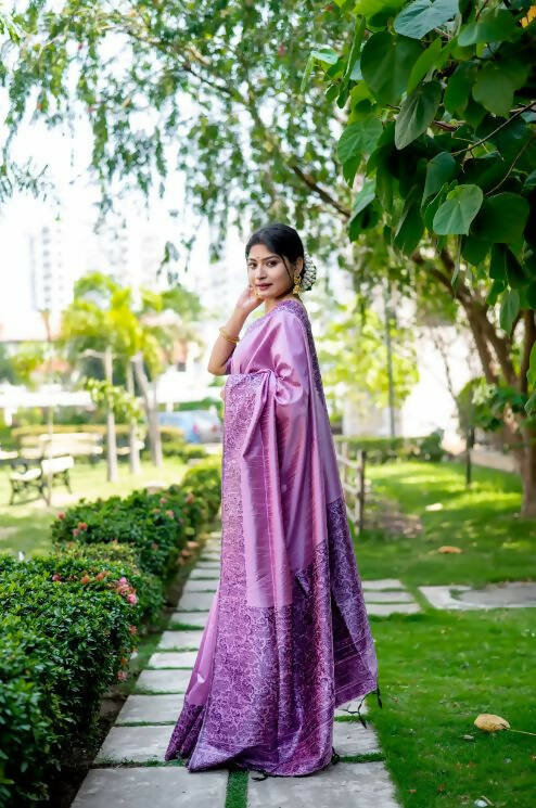 Vishnu Weaves Women's Purple Handloom Raw Silk Woven Border Saree with Unstitched Blouse - Swadesiicart
