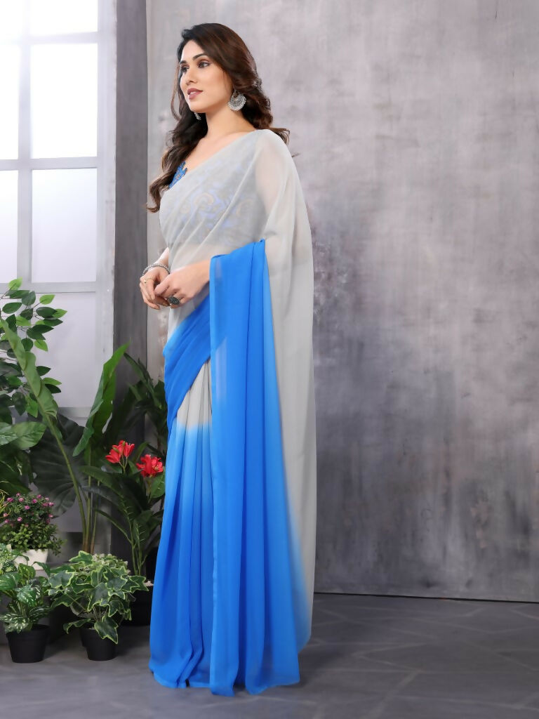 Partywear Designer White & Sky blue Georgette Fancy Saree - Satrangi | Swadesiicart