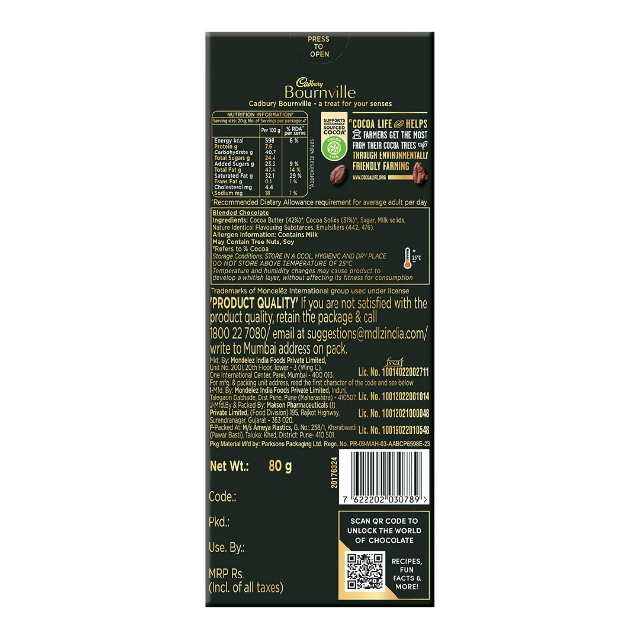 Cadbury Bournville Rich Cocoa 70% Dark Chocolate Bar