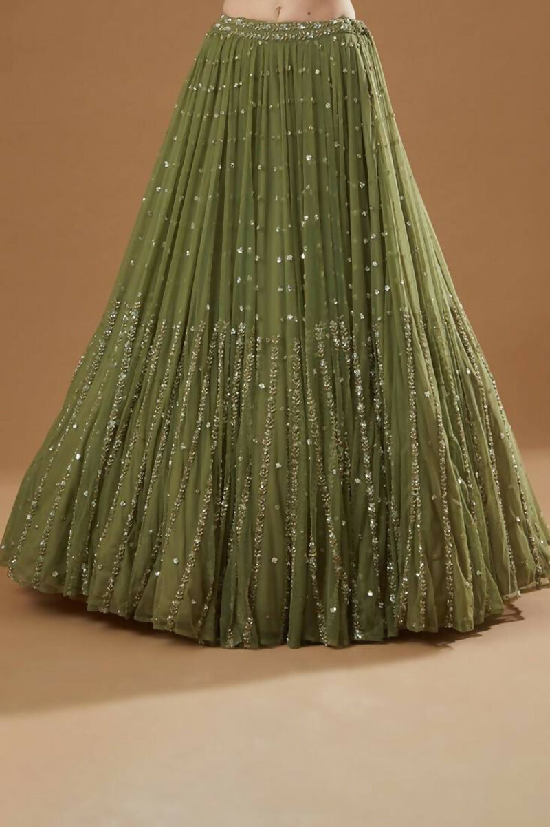 Jyoti Fashion Glamorous Olive Green Zari and Thread Embroidered Georgette Lehenga Choli with Dupatta | Swadesiicart