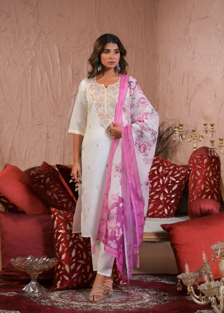 Ethnic Festive Wear Viscose Chanderi White Stitched Suit With Dupatta - Tanisha | Swadesiicart