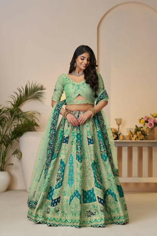 Kesar Fab Green Banarasi Silk Embroidered Lehenga | Swadesiicart