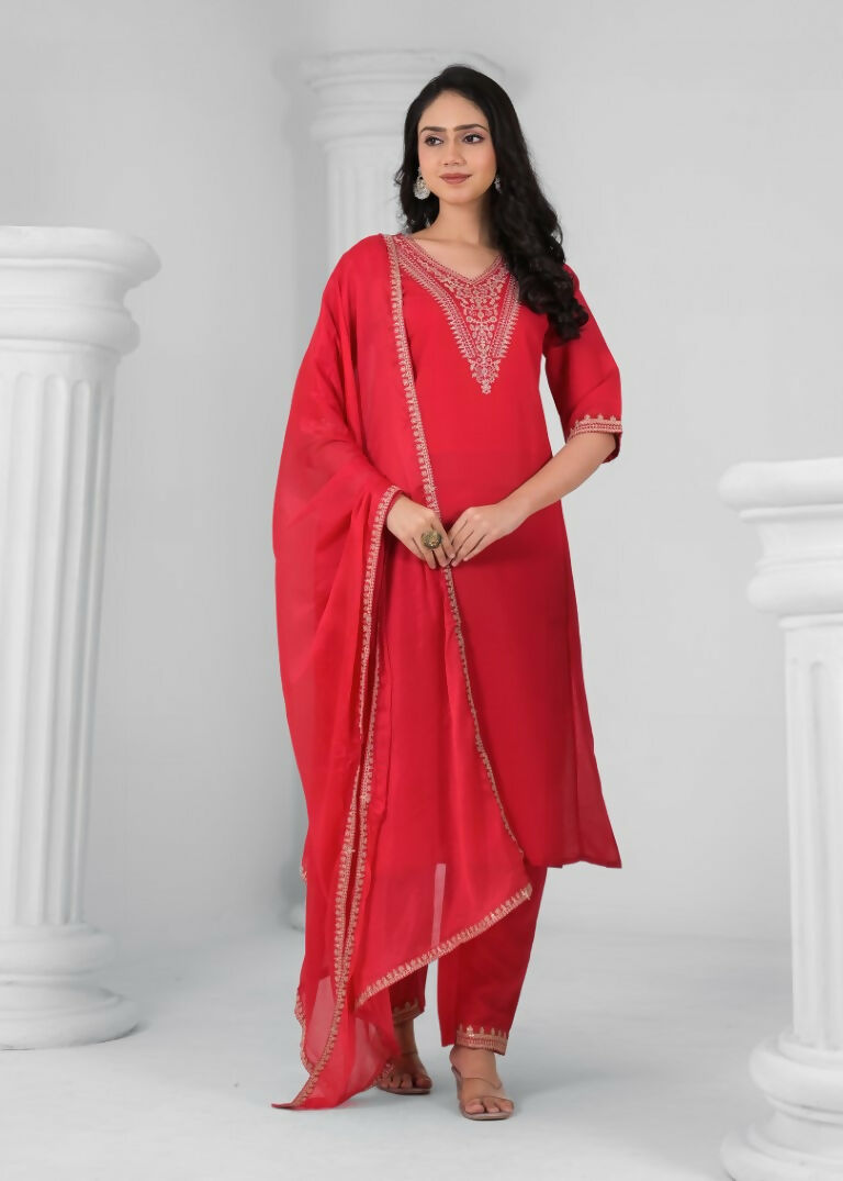 Ethnic Festive Wear Chanderi Viscose Red Stitched Suit With Dupatta - Tanisha | Swadesiicart