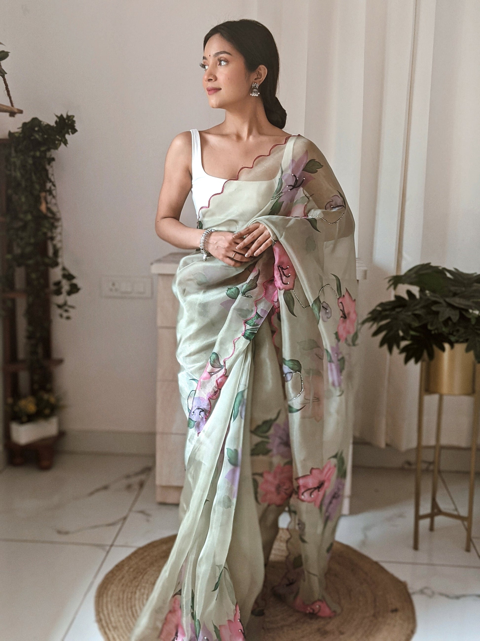 Vamsee Pinki Khatali Green Organza Saree - Swadesiicart