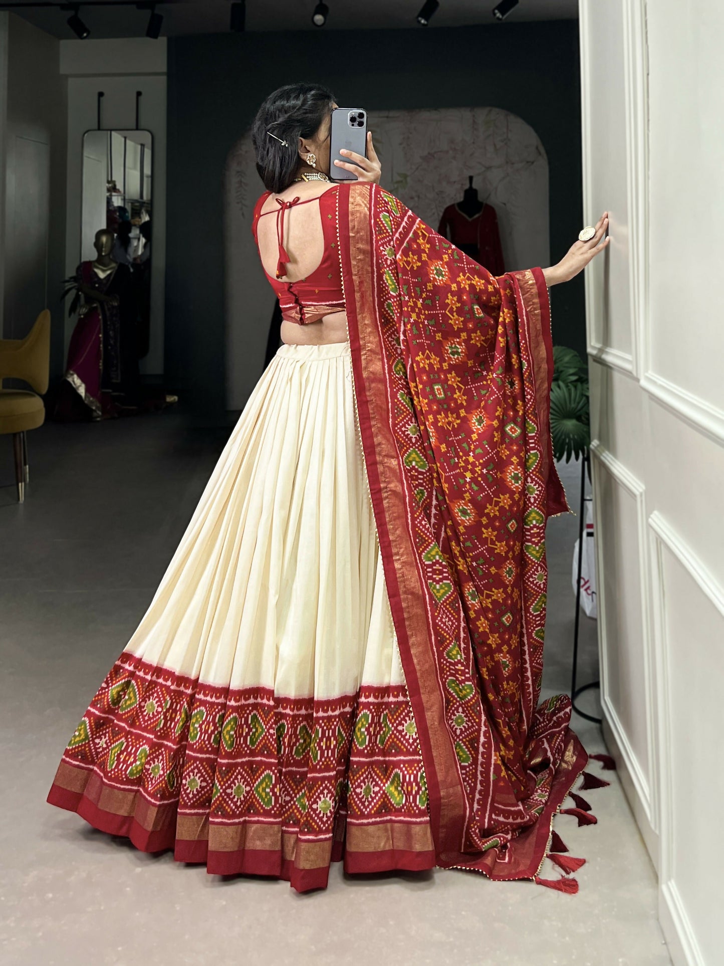 Lorenvalley Offwhite and Red Tussar Silk Patola Print Lehenga Choli | Swadesiicart