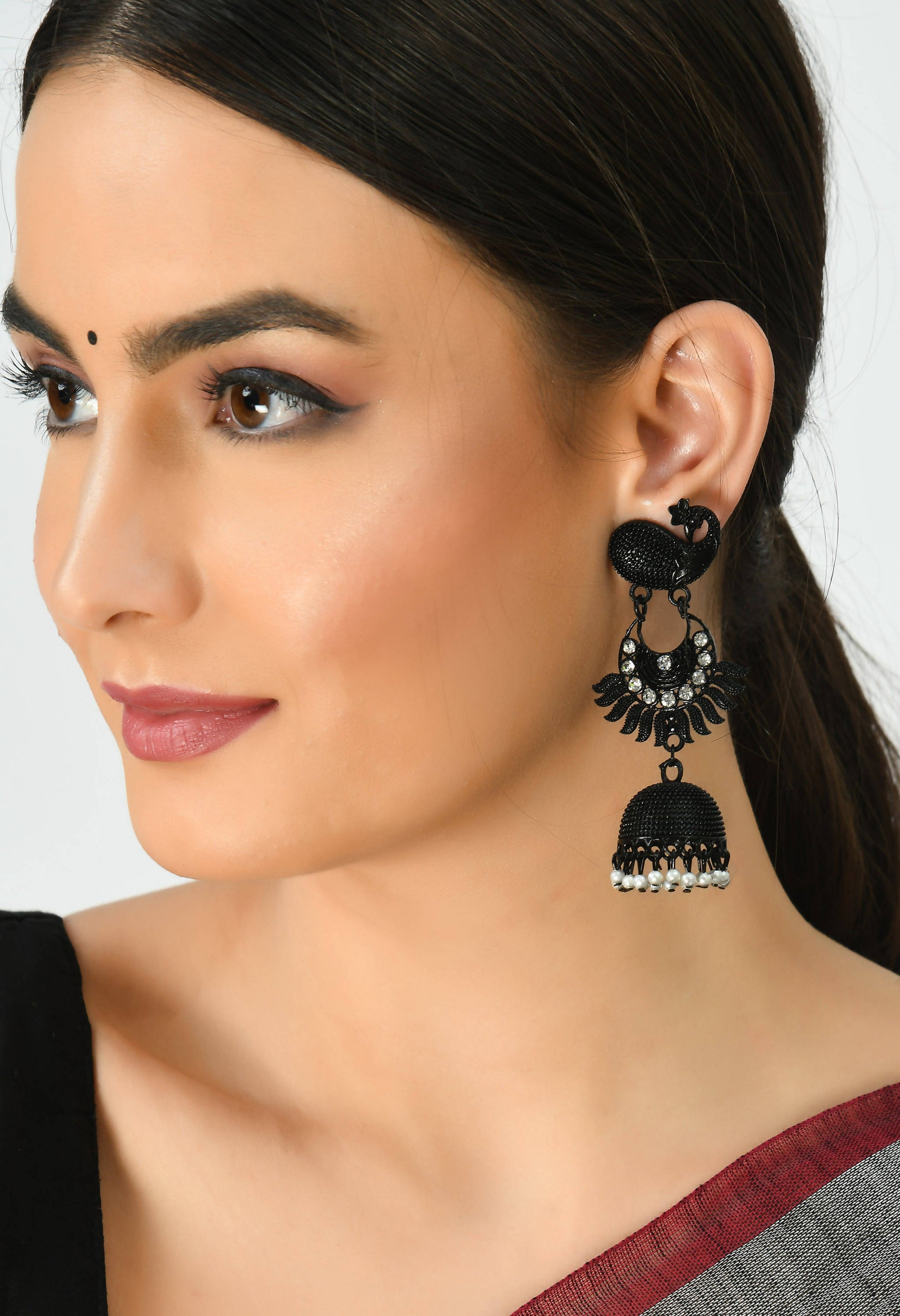 Mominos Fashion Johar Kamal Black Color Peacock Earrings Jhumka - Swadesiicart
