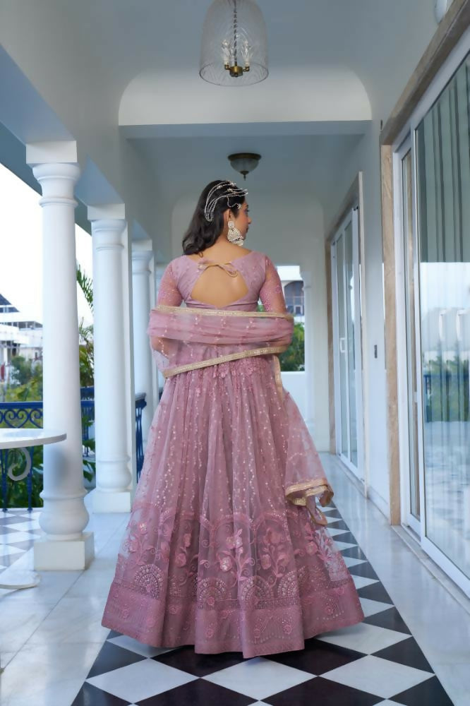 Aastha Fashion Dusty Pink Butterfly Net Tone To Tone Cotton Thread Work And Sequence Work Embroidery Wedding Wear Lehenga Choli
