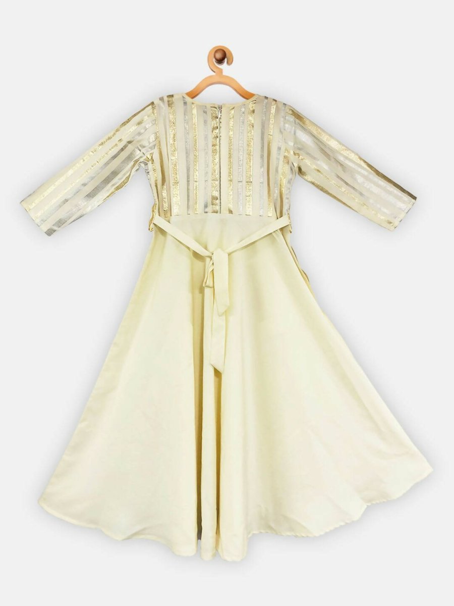 Ahalyaa Cream Crepe Gold Foil Printed Kids Kurta with Jacket For Girls | Swadesiicart