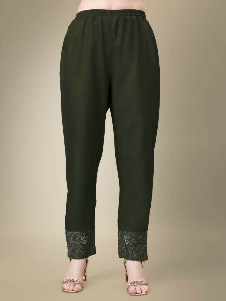 Jyoti Fashion Women's Dark Green Cotton Blend Embroidery & Fancy Lace work Kurta with Trouser & Dupatta | Swadesiicart