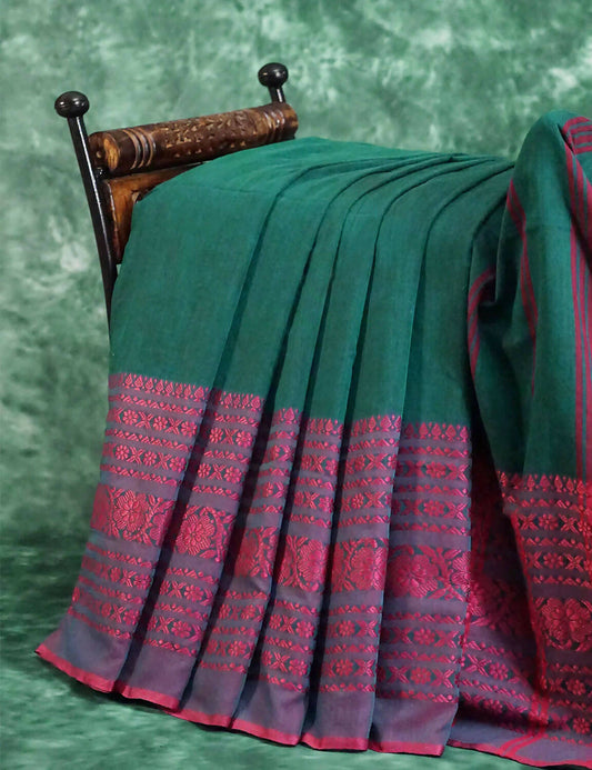 Bottle Green And Pink Colour Contrast Thread Border Khadi Cotton Saree By Gayathri Reddy Designer Studio | Swadesiicart