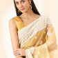 Beige Organza Geometric Embroidered Saree with Unstitched Blouse Piece - Roozal