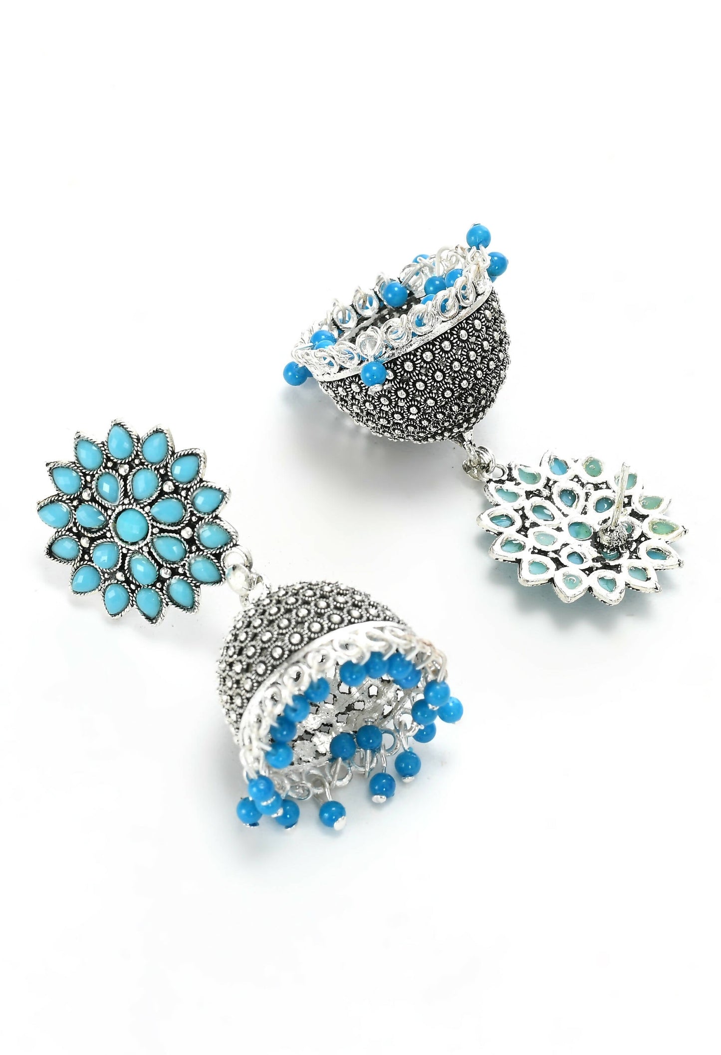 Mominos Fashion Joharkamal Kundan work Jhumka with Sky Blue Beads - Swadesiicart