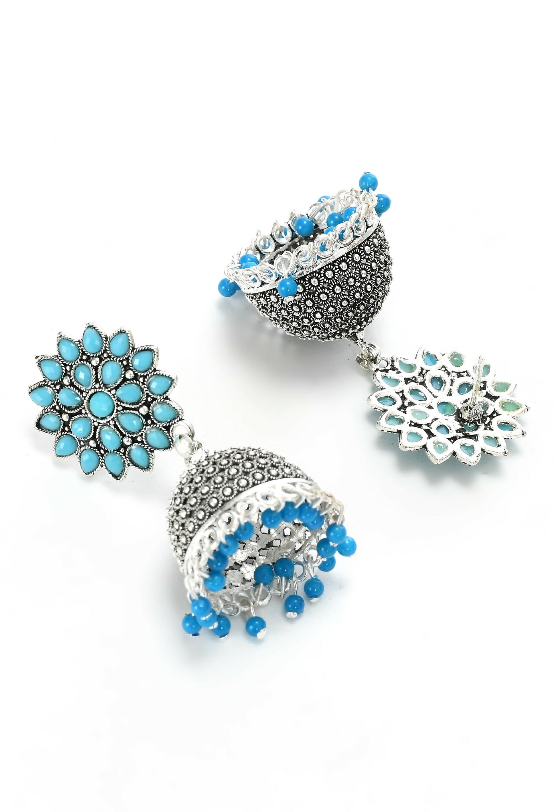 Mominos Fashion Joharkamal Kundan work Jhumka with Sky Blue Beads - Swadesiicart