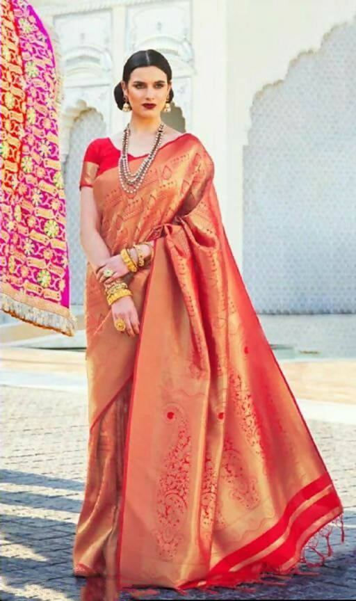 DEIANA'S Beautiful Designer Golden zari Soft Lichi Silk Saree - Red - Swadesiicart