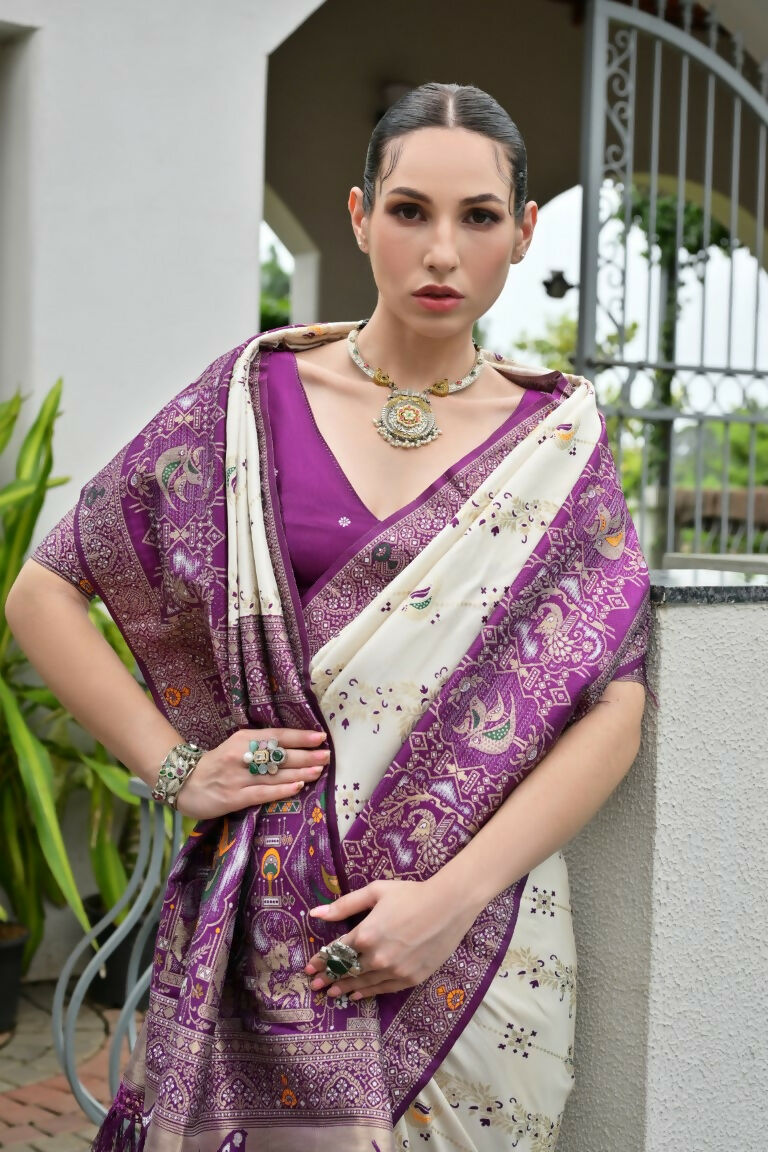 Vishnu Weaves Women's Wine Banarasi Silk Patola Zari Woven Saree with Blouse - Swadesiicart