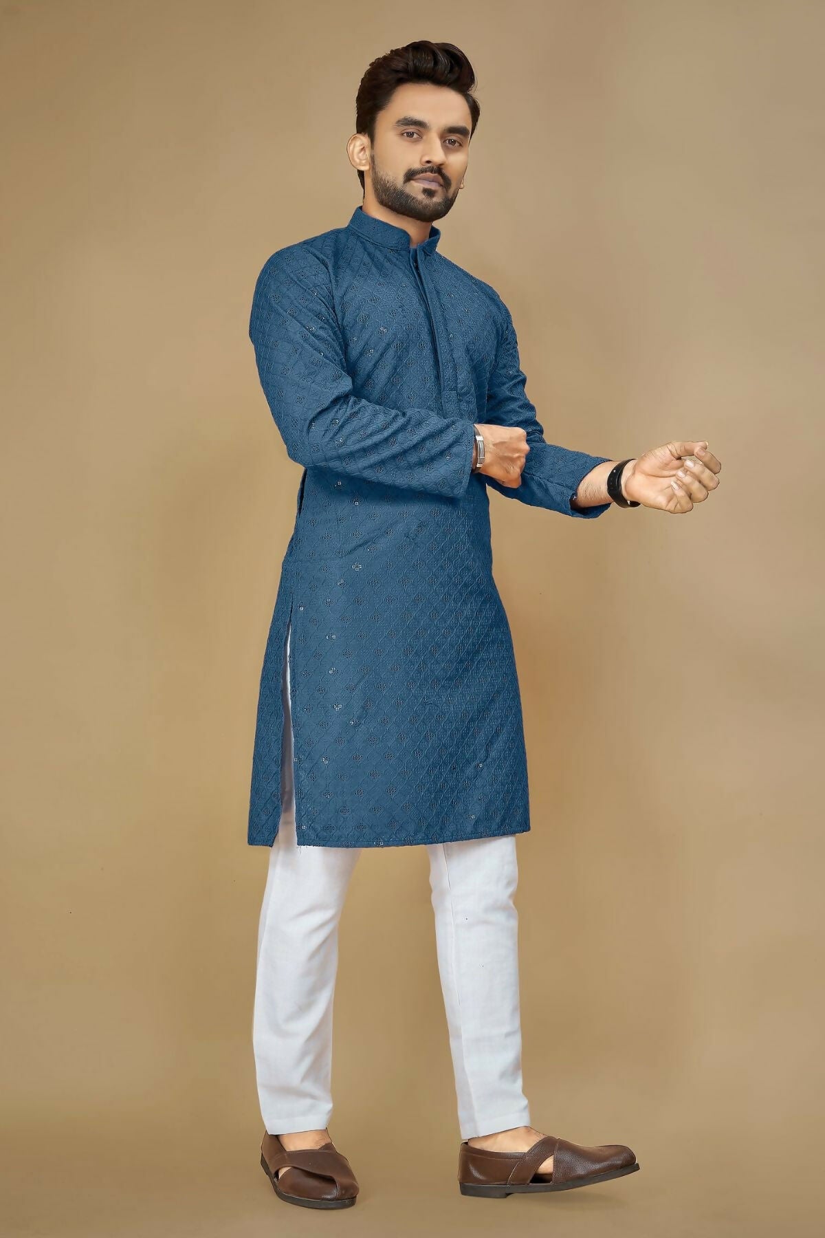 Anaita Teal Embroidered Rayon Straight Kurta
