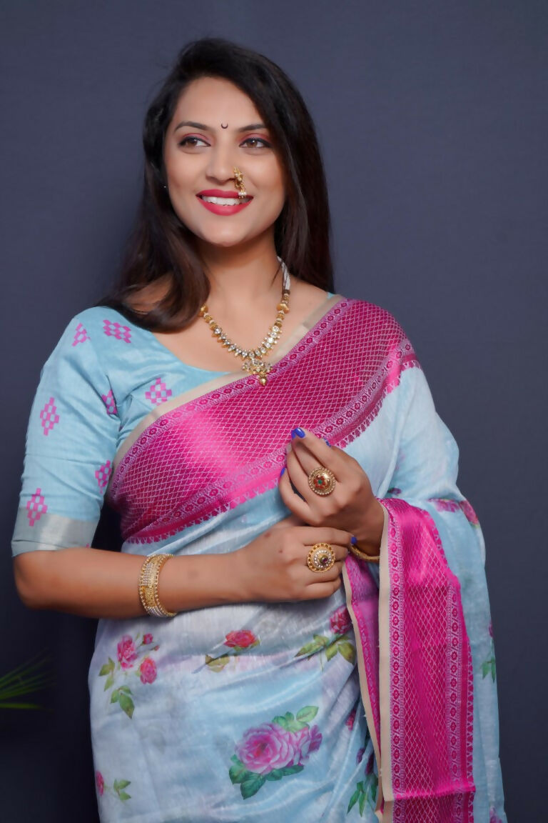 Jyoti Fashion Women's Pink Linen Silk Digital Print with Jacquard Woven Border Saree with Blouse | Swadesiicart