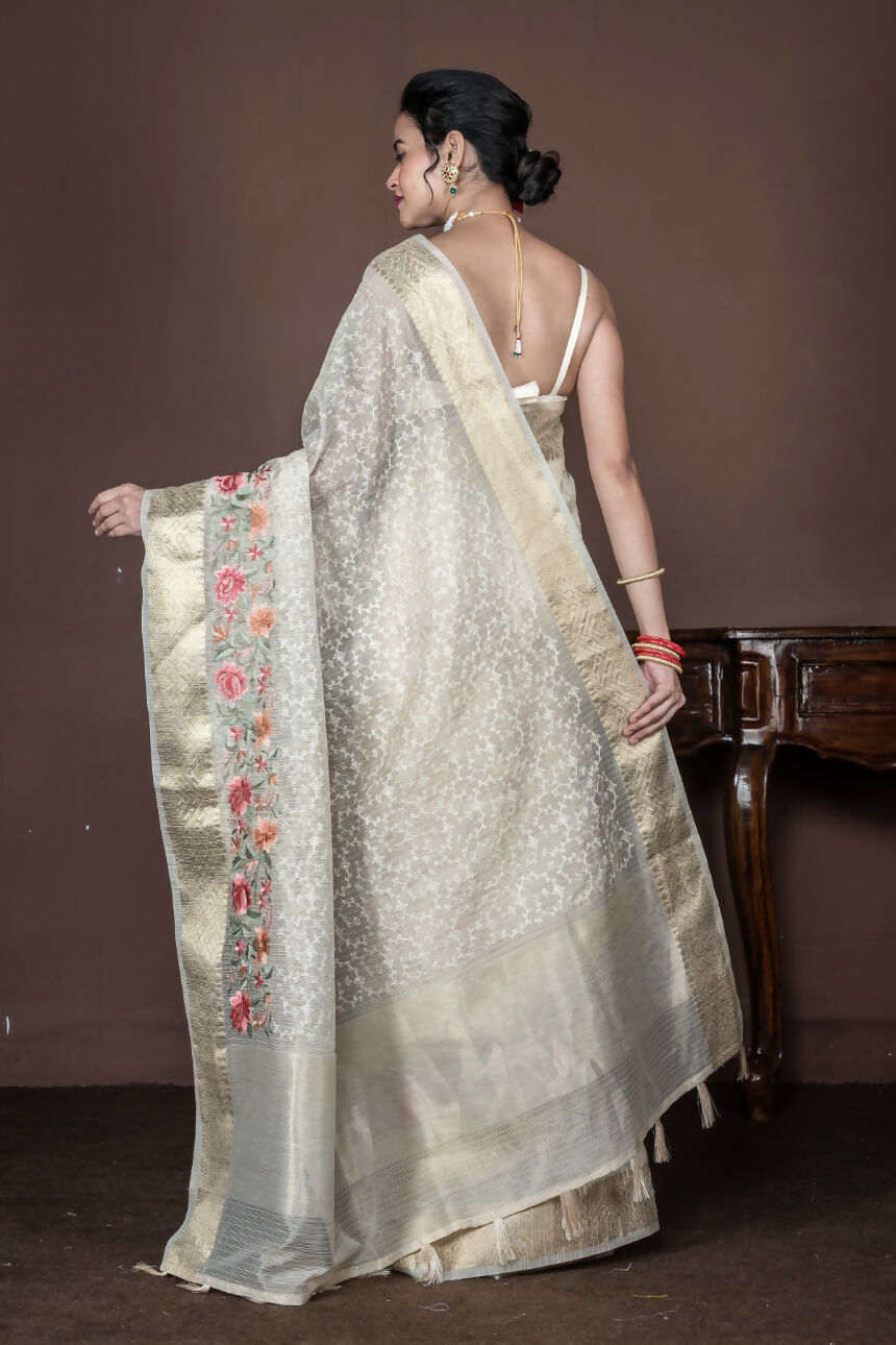 Morchari Beige Banarasi Tissue Computer Embroidery Saree Unstitched Blouse | Swadesiicart