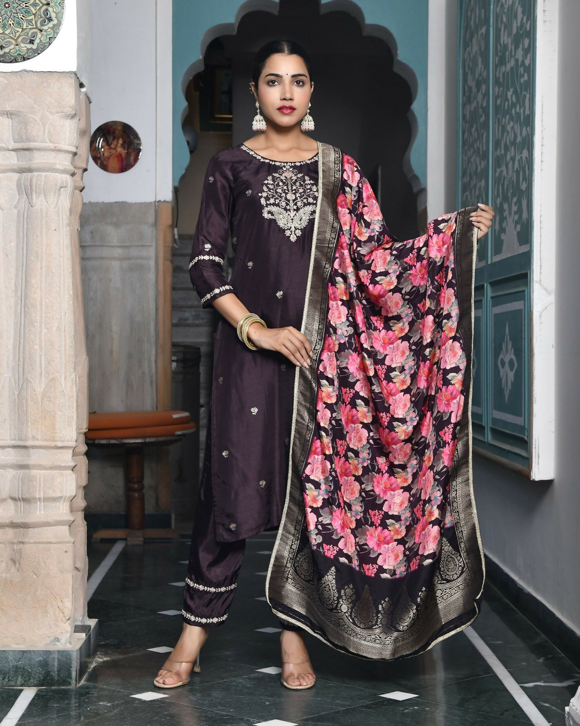 Vaasva Women's Silk Emboidered Solid Pant Set & Digital Printed Dupatta | Swadesiicart