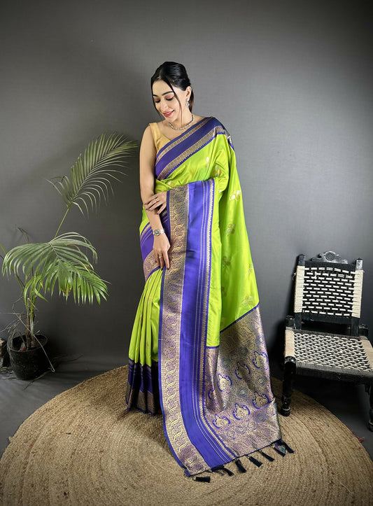 Joban Fashion Light Green Banarasi Soft Silk Woven Saree | Swadesiicart