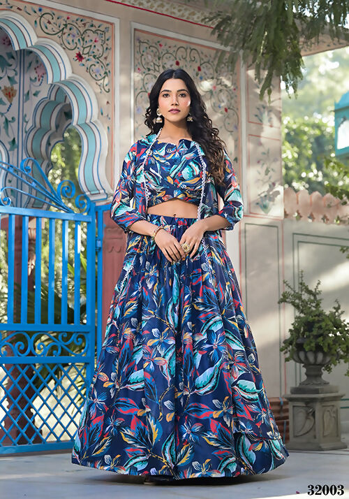 Wedding Partywear Blue Slim Georgette Lehenga Choli with Shrug- Shehnaaz - Swadesiicart