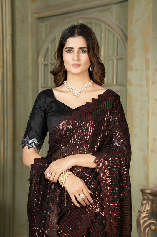 Dishitha Creation Indian Women's Designer Georgette Sequence Saree - Red | Swadesiicart