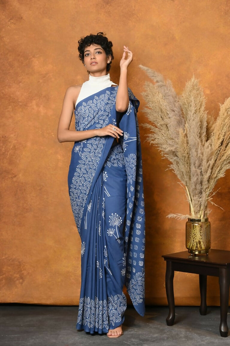 Very Much Indian Handblock Printed Cotton Saree With Natural Dyes - Cyan Blue | Swadesiicart