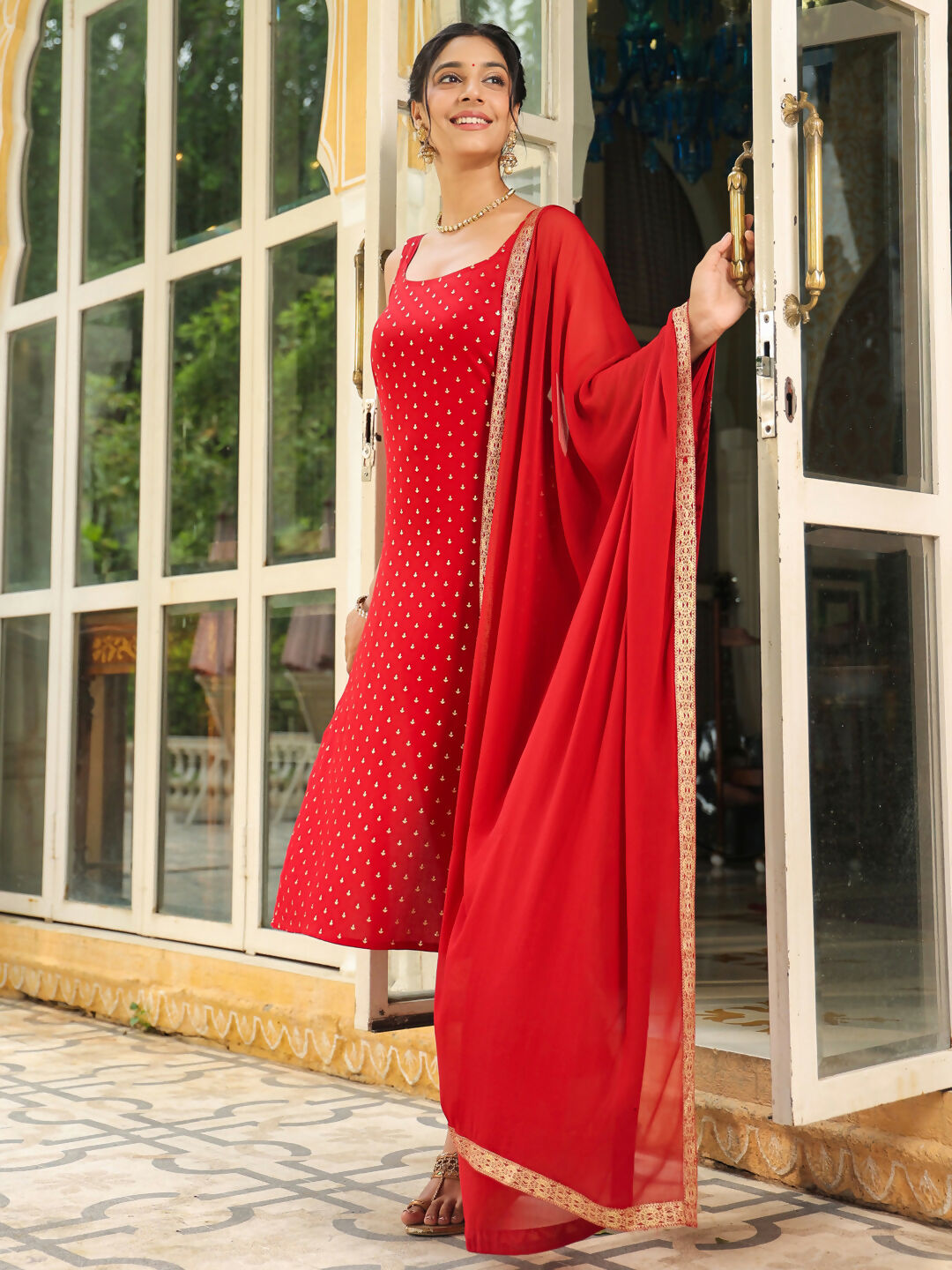 Janasya Maroon Rayon Foil Print Kurta,Bottom & Dupatta | Swadesiicart