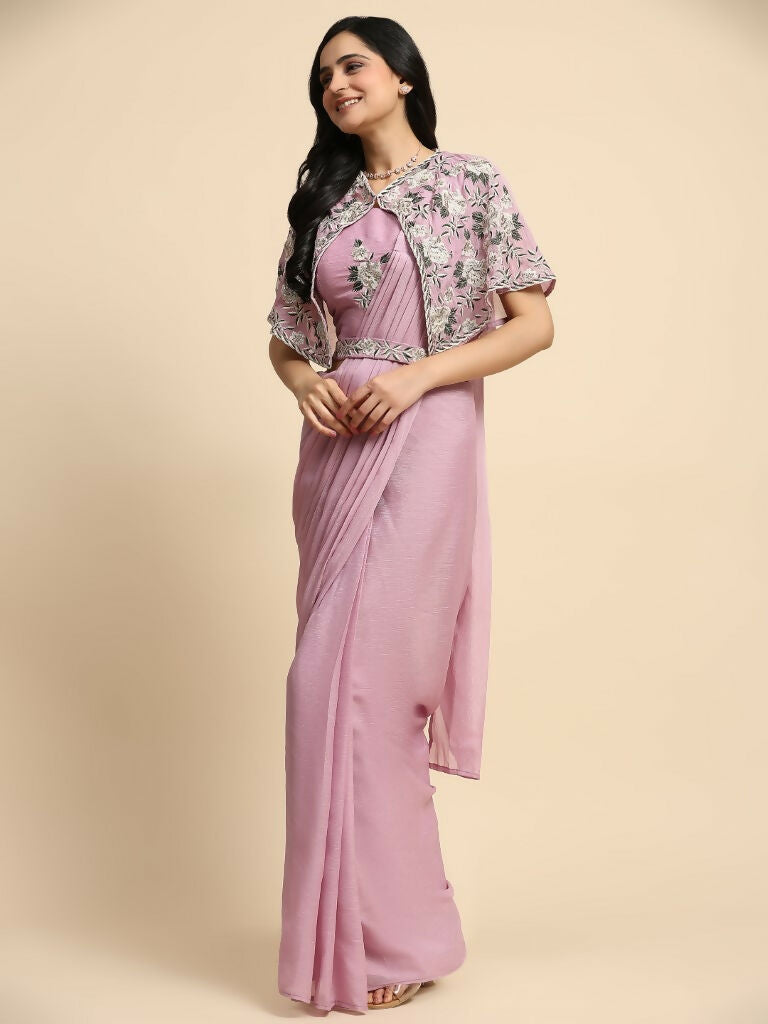 Pink Chiffon Solid Ready to wear Saree with stitched Blouse - Aayan | Swadesiicart