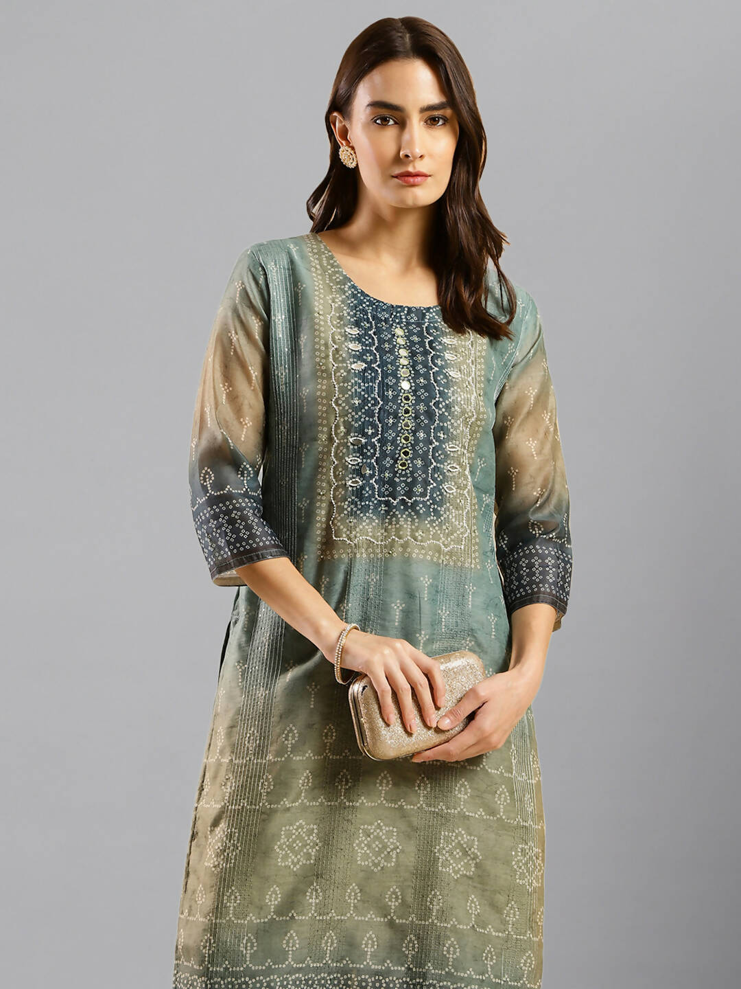 Blue Chinon Digital Printed With Hand Work Kurta - Himanshi - Swadesiicart
