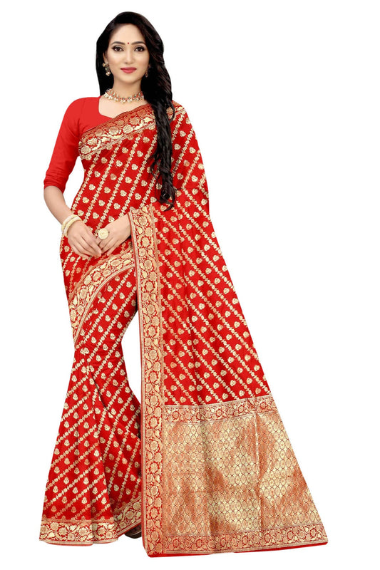 Vamika Weaving Banarasi Jacquard Saree - Red | Swadesiicart