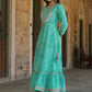 Juniper Women's Green Printed Embroidered Mirror Work Sequin Cotton Flared Dress | Swadesiicart