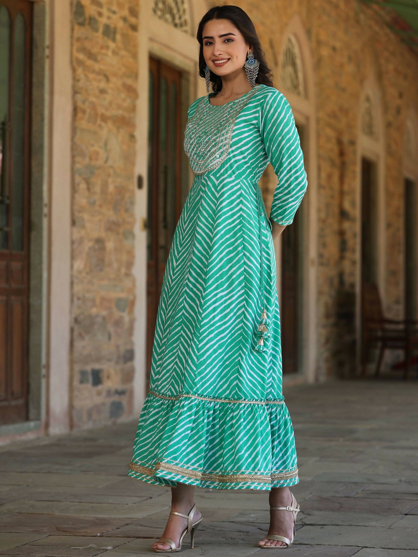 Juniper Women's Green Printed Embroidered Mirror Work Sequin Cotton Flared Dress | Swadesiicart