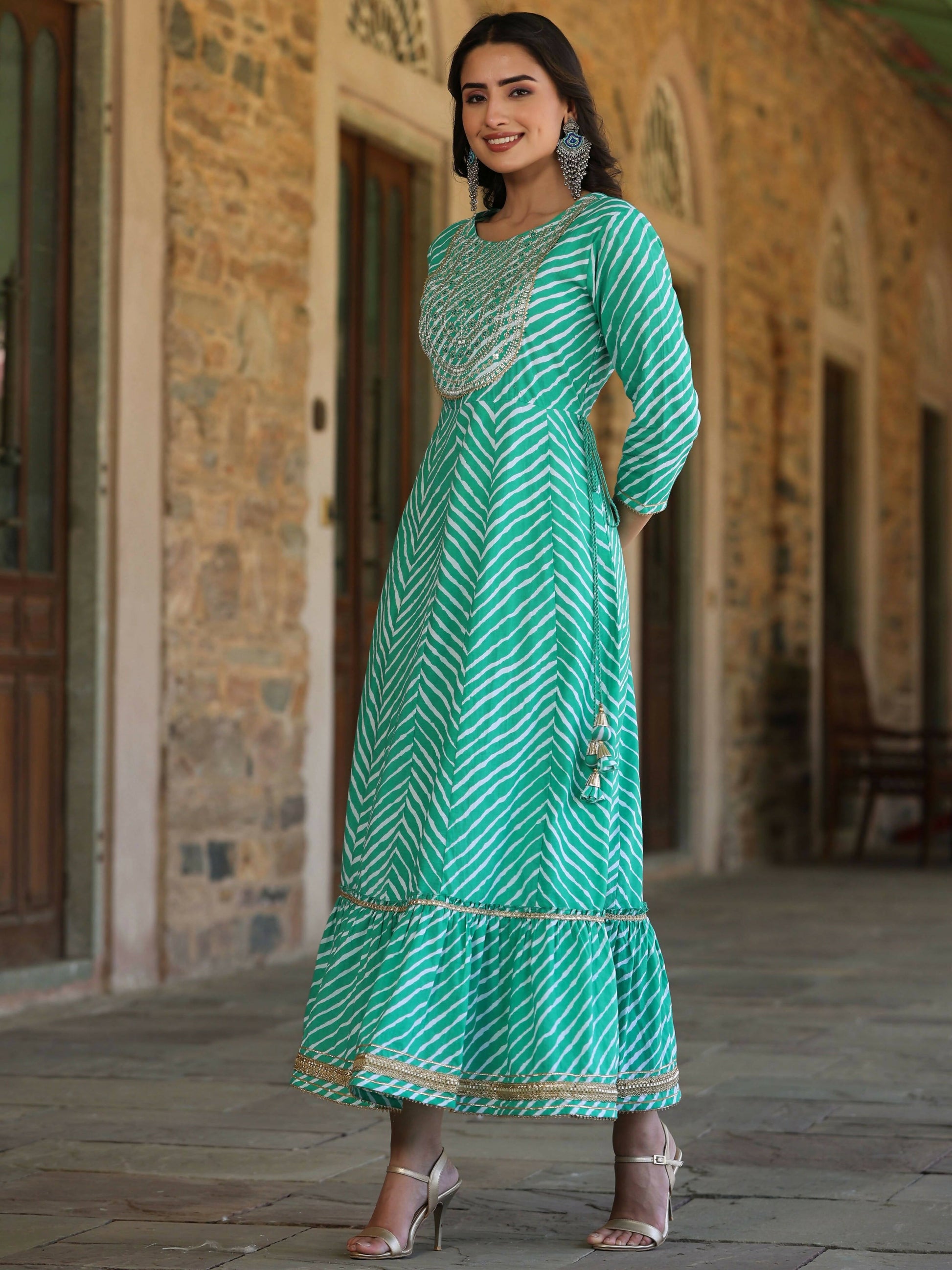 Juniper Women's Green Printed Embroidered Mirror Work Sequin Cotton Flared Dress | Swadesiicart