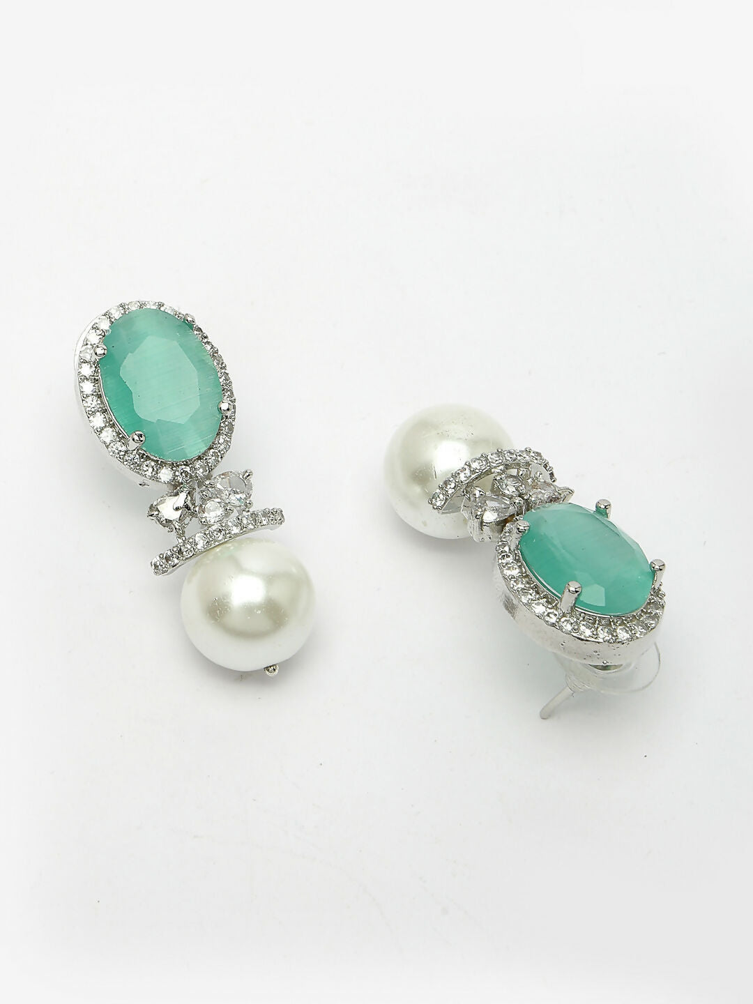 NVR Women's Silver-Plated Green American Diamond Studded Handcrafted Jewellery Set - Swadesiicart