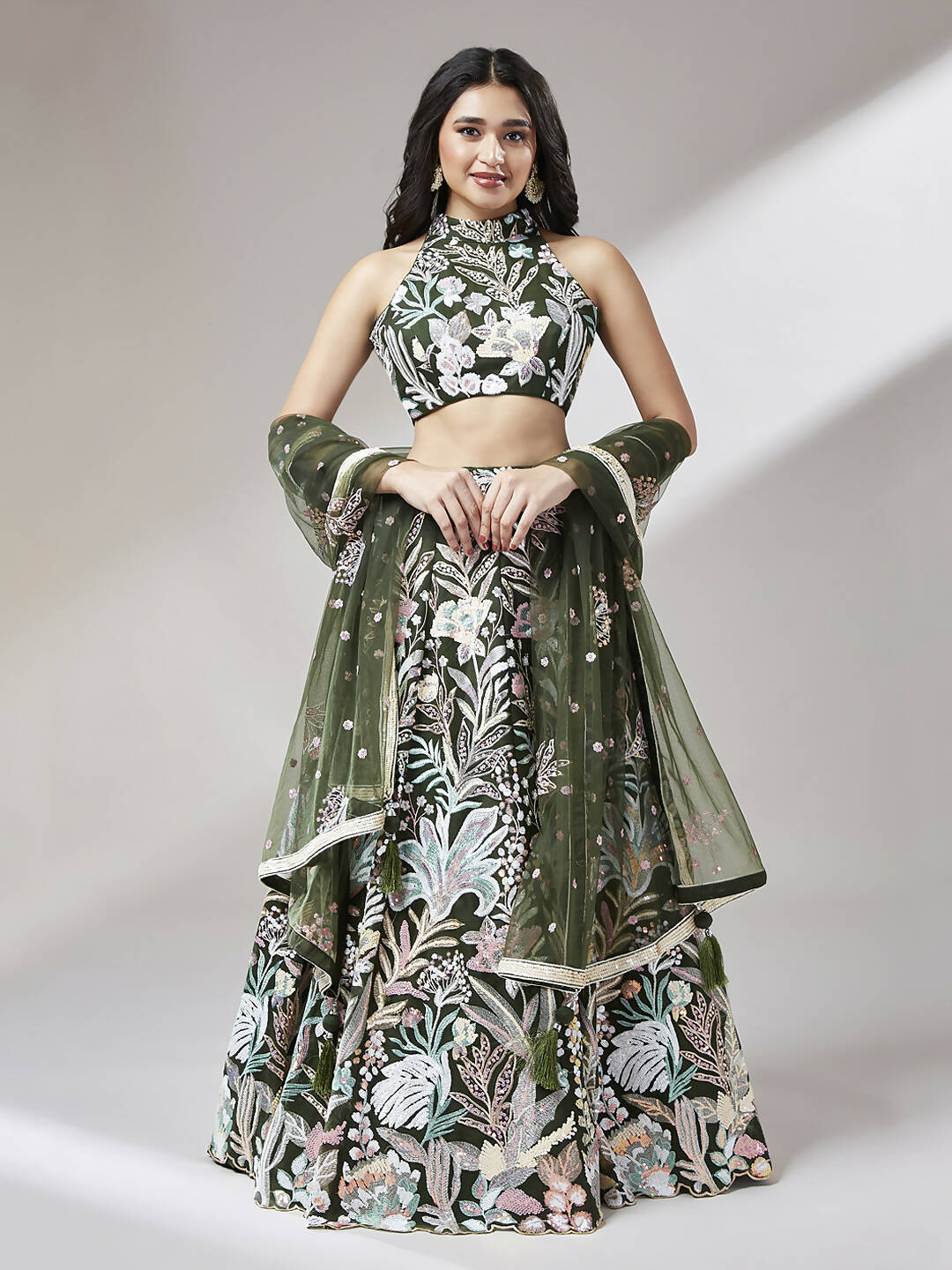 House of Panchhi Olive Net Sequinse Work Lehenga & Blouse with Dupatta | Swadesiicart